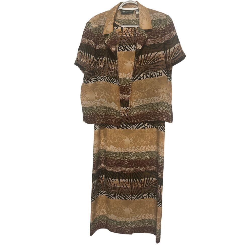 Sag Harbor Dress Petite Women's Printed Brown Tan Dress w/Jacket Size 8P